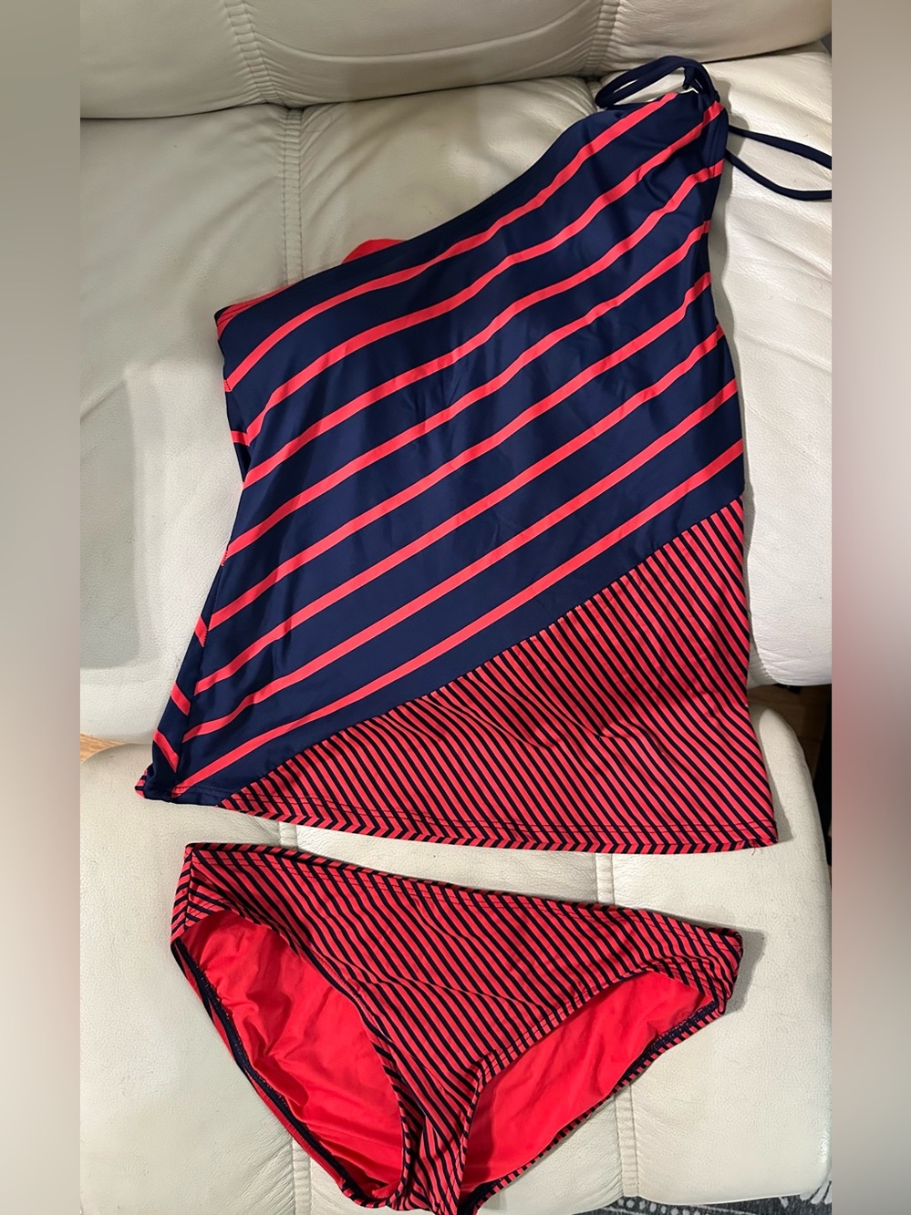 DKNY Navy and Red One-Shoulder Striped Tankini (top and bottom)